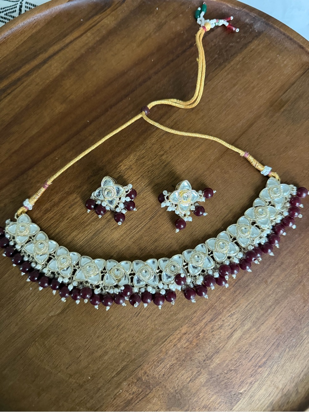 Unbranded Gold-Tone Kundan Necklace Set with Deep Red Beads